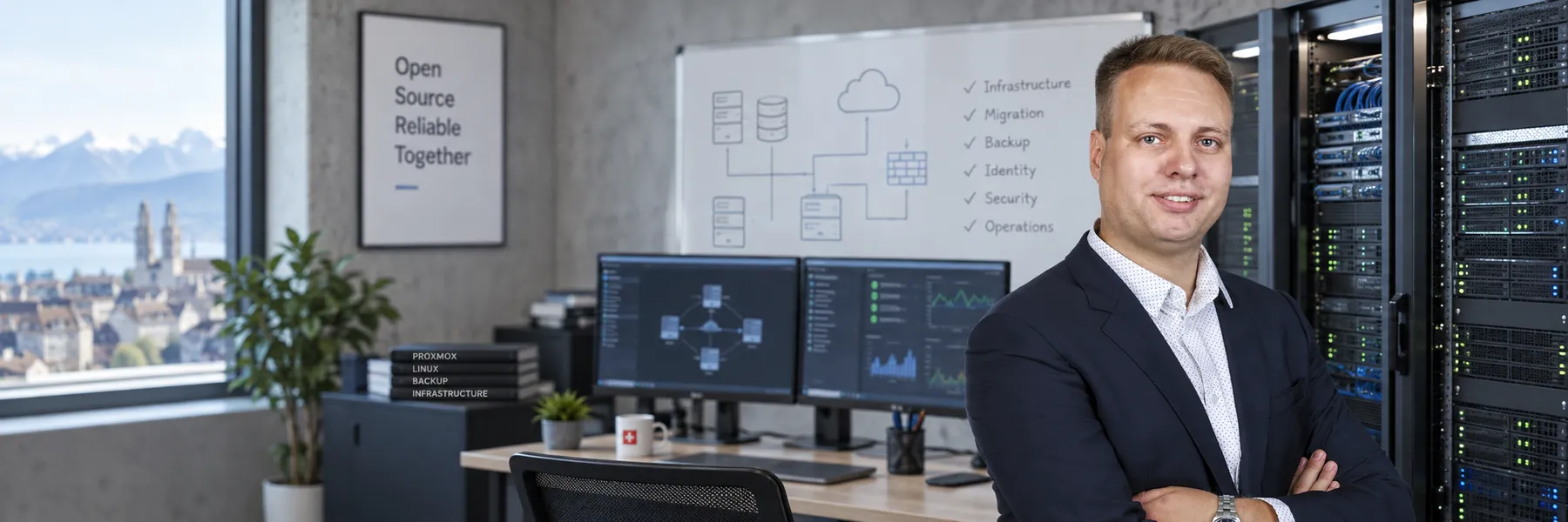 Nils Lappenbusch neben Serverschränken, auf dem Whiteboard eine Infrastruktur-Skizze mit Migration, Backup, Identity und Security